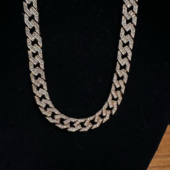 Gold & Rhinestone Cuban Flat Link Reversible Necklace & Earring Set, NWT - Picture 3 of 8